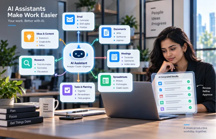 AI productivity tools for work helping with email meetings research data and planning