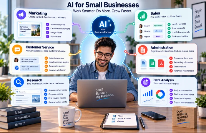AI use cases for small business including marketing sales customer service research and administration