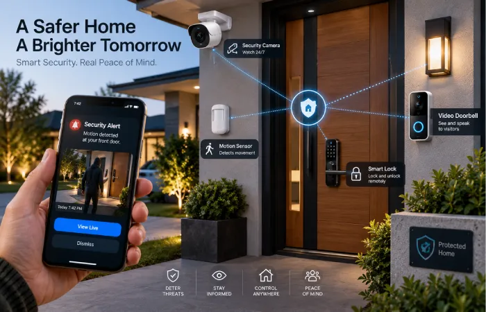 Smart home security devices including camera video doorbell and smart lock