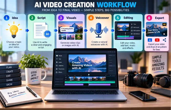 AI video creation workflow from idea and script to visuals voiceover editing and export