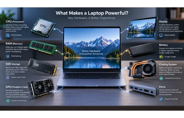 Laptop specifications showing processor RAM SSD graphics and display
