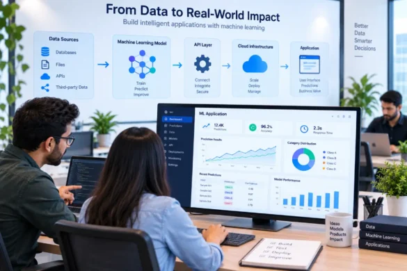 Machine learning application development process connecting data models software and business applications