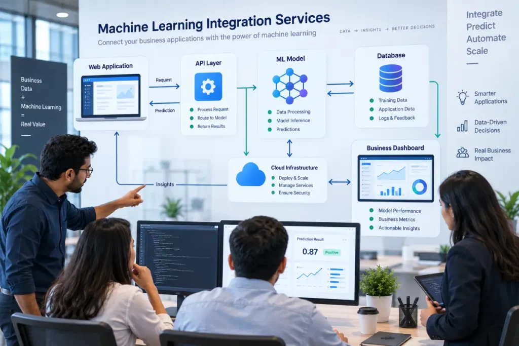 Machine learning integration services connecting AI models APIs databases and business applications