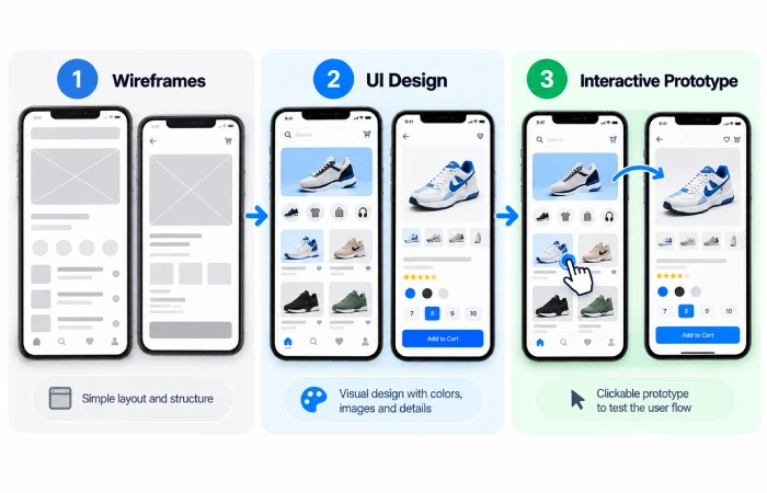 Mobile app wireframe progressing to interactive prototype