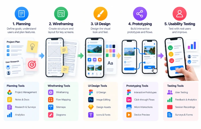 Mobile app design workflow using multiple design tools