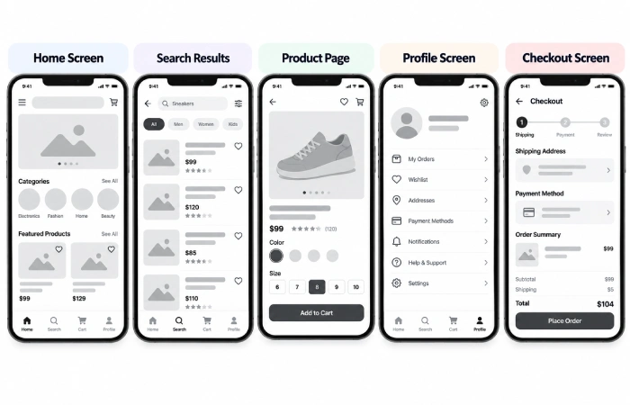 Mobile app wireframe examples for different screens