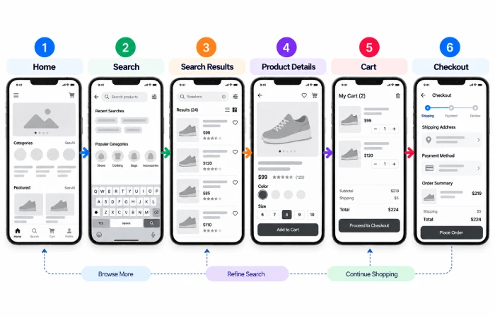 Mobile app wireframe connected through a user flow