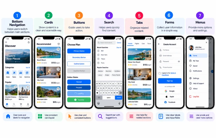 Common mobile UI design patterns for navigation and actions