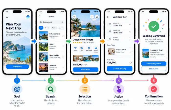 Mobile user experience design flow from task to completion