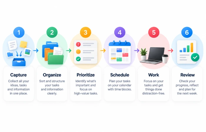 Productivity app workflow from capture to review