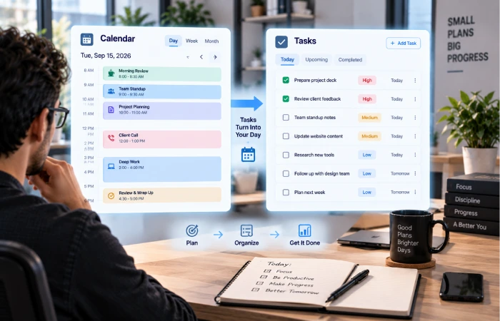Productivity app combining calendar scheduling and daily task planning