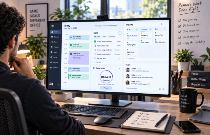 Remote worker using productivity apps for meetings tasks project planning and focused work