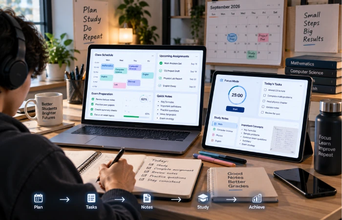 Student using productivity apps for study planning notes deadlines and focus