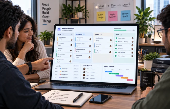 Small business team using project management software to organize tasks deadlines and projects