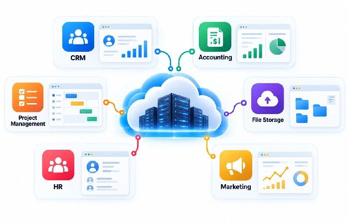 SaaS business applications connected through cloud infrastructure
