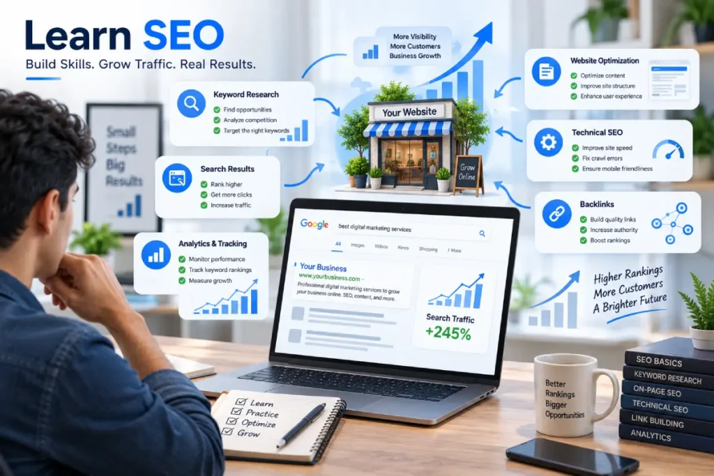 Search engine optimization tutorials for beginners showing SEO strategy and search results