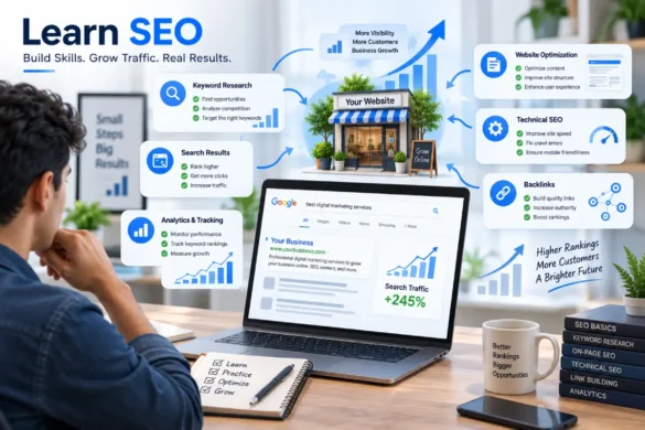 Search engine optimization tutorials for beginners showing SEO strategy and search results