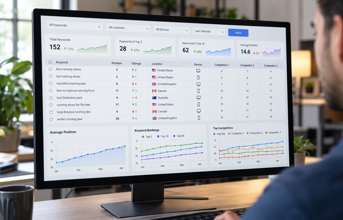 SERP rank tracker dashboard with keyword positions