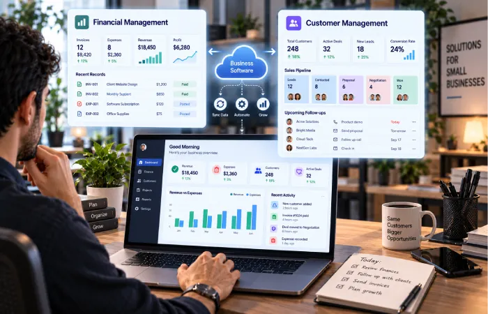 Small business using accounting and CRM software to manage finances and customers