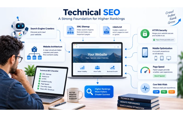 Technical SEO illustration showing website crawling indexing sitemap and performance