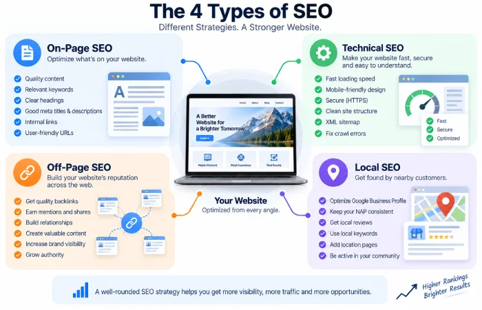 types of SEO on-page technical off-page and local SEO