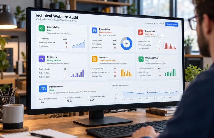 Website technical audit tools showing SEO issues
