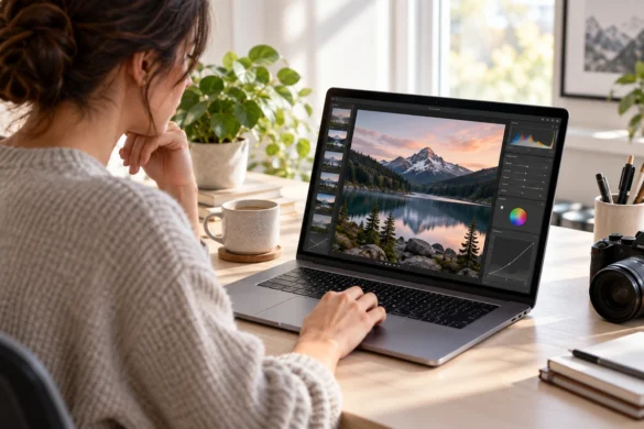 Mac user editing a photograph at a bright home desk