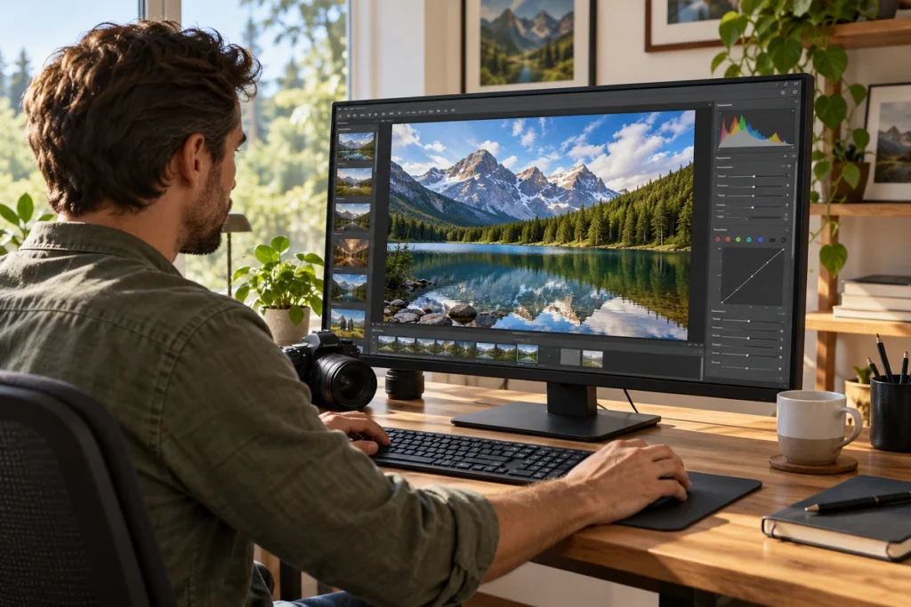 Photographer editing a landscape photo on a Windows PC