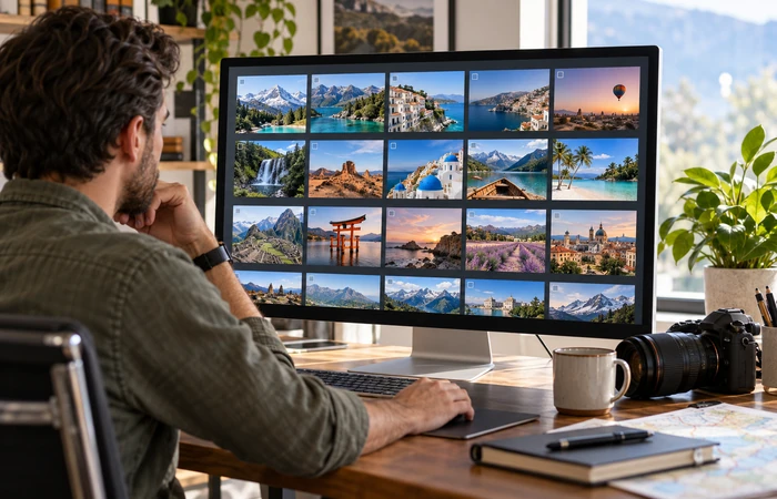 Several photos prepared for batch editing on a desktop computer