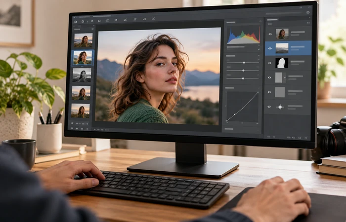 Photo editor using layers to adjust a portrait on a PC