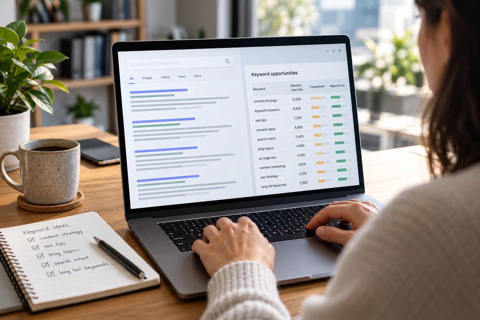 SEO specialist researching keywords and search results