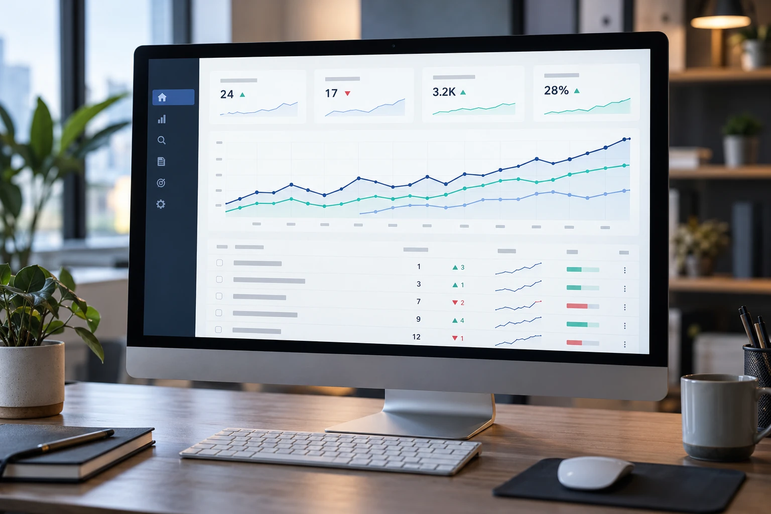 SEO rank tracking dashboard comparing keyword positions over time